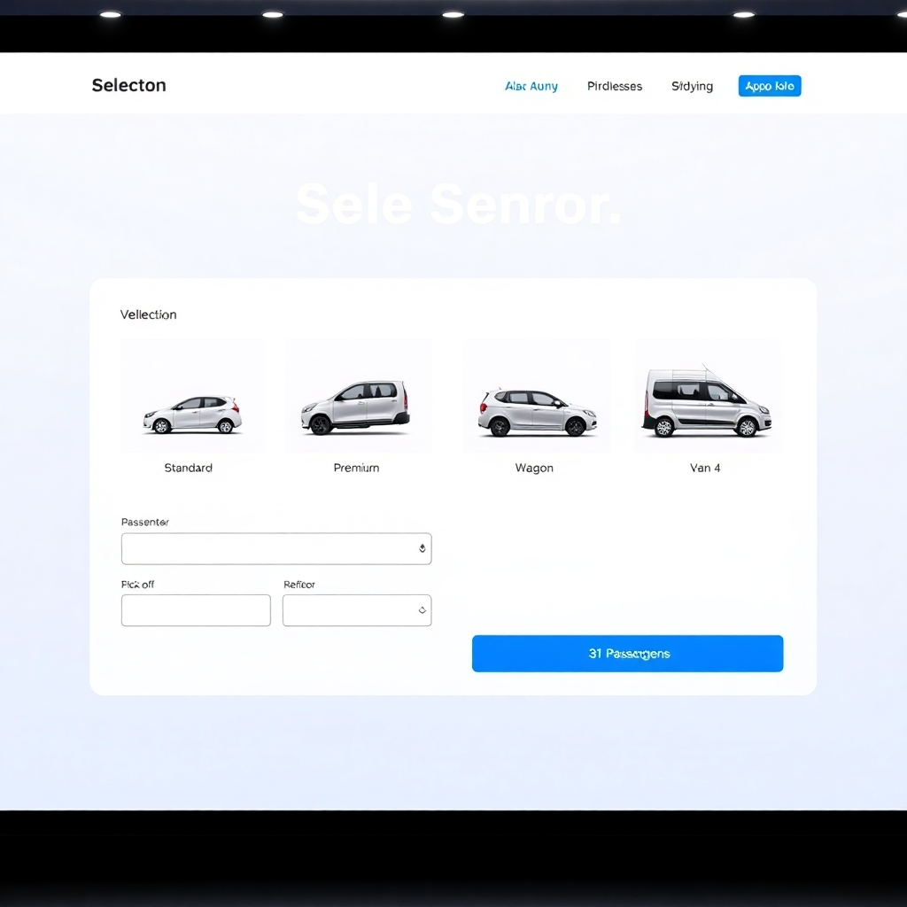 A clean, modern website interface showcasing a vehicle selection form with clear images of Standard, Premium, Wagon, and Van options.  The form should also include fields for pickup and drop-off locations and the number of passengers. The background should be a subtle, professional color scheme. The overall style should be sleek and user-friendly.