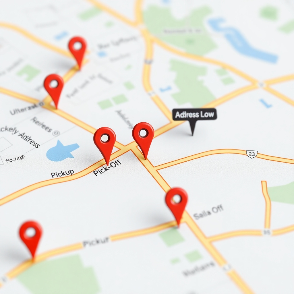 A detailed close-up shot of a digital map interface integrated into a web form.  The map should display markers for 'Pickup' and 'Drop-off' locations, clearly labeled, with the option to search by address or manually place markers. The overall design should be clean and modern.