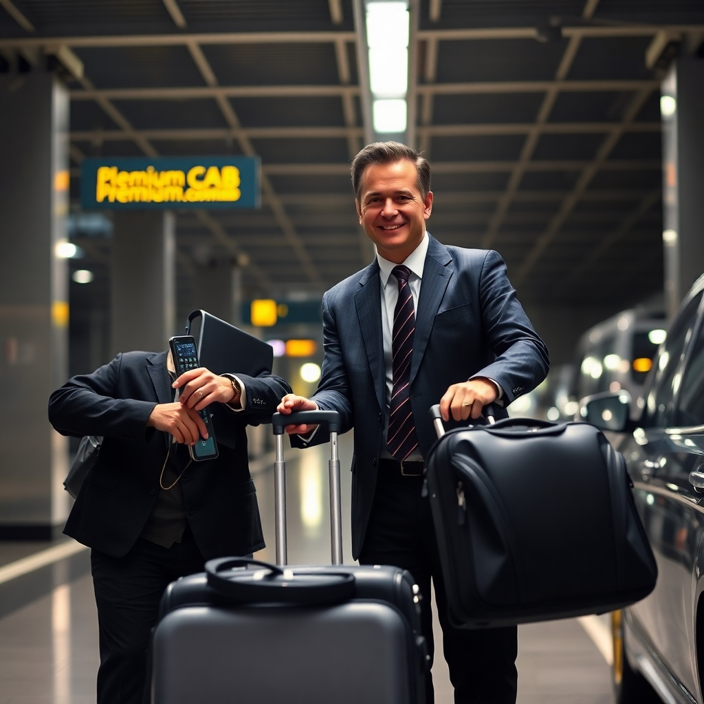 A photorealistic image of a friendly, smartly dressed Silver Premium Cab driver assisting a passenger with their luggage. The setting should be a well-lit Melbourne airport or train station. Focus on the driver's professional demeanor and the passenger's comfort. High detail and realistic lighting are essential.