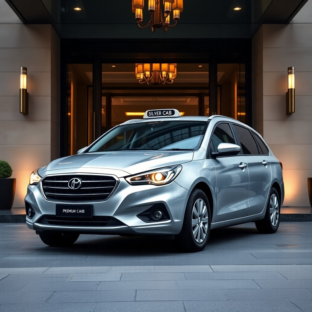 A photorealistic image of a Silver Premium Cab arriving promptly at a sophisticated Melbourne hotel entrance. The car should be pulling up smoothly, showcasing a punctual and reliable service. The background should portray a luxurious hotel setting. Emphasize the sleek design of the vehicle and the professionalism of the situation.