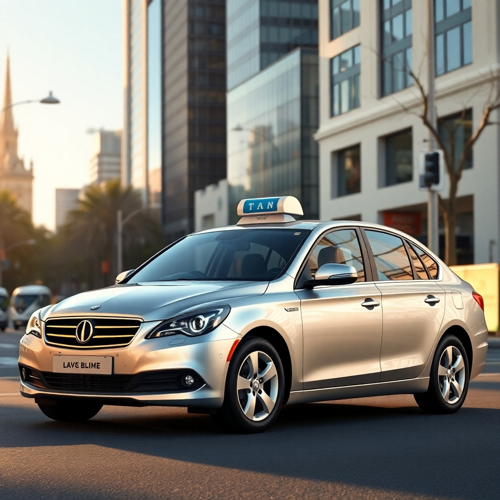 A photorealistic image of a sleek, modern Silver Premium Cab driving along a picturesque Melbourne street on a sunny day. The car should be clean and shiny, emphasizing luxury and comfort. The background should include iconic Melbourne landmarks. The image should have a cinematic feel, with warm lighting and high detail.